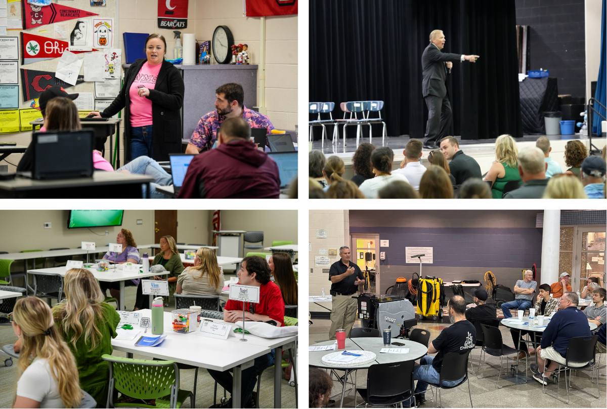 photos of a teacher presenting to colleagues, a man on a stage pointing, a man teaching colleagues about cleaning equipment